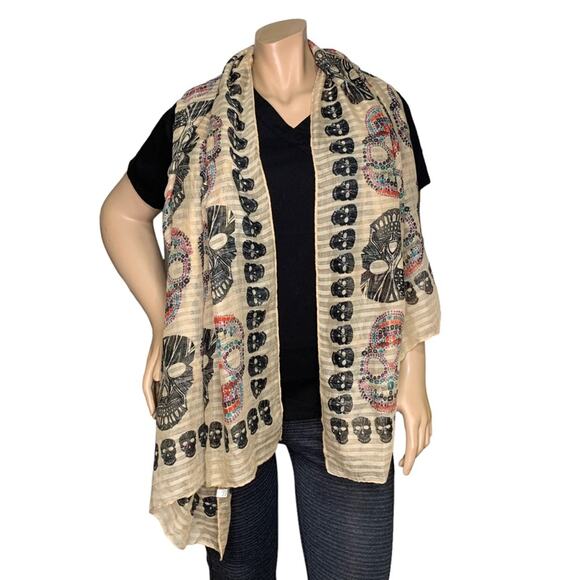 Sugar Skulls Day of Dead Rectangle Scarf Wrap 70" X 36" Tan and Black - Picture 1 of 8